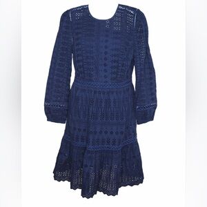 J CREW Dress Navy Eyelet Embroidered Cotton Lng Sleeve 12 DOES NOT HAVE A LINER